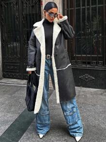 EURMUSE Dual Pocket Teddy Lined Coat - Black - View 1