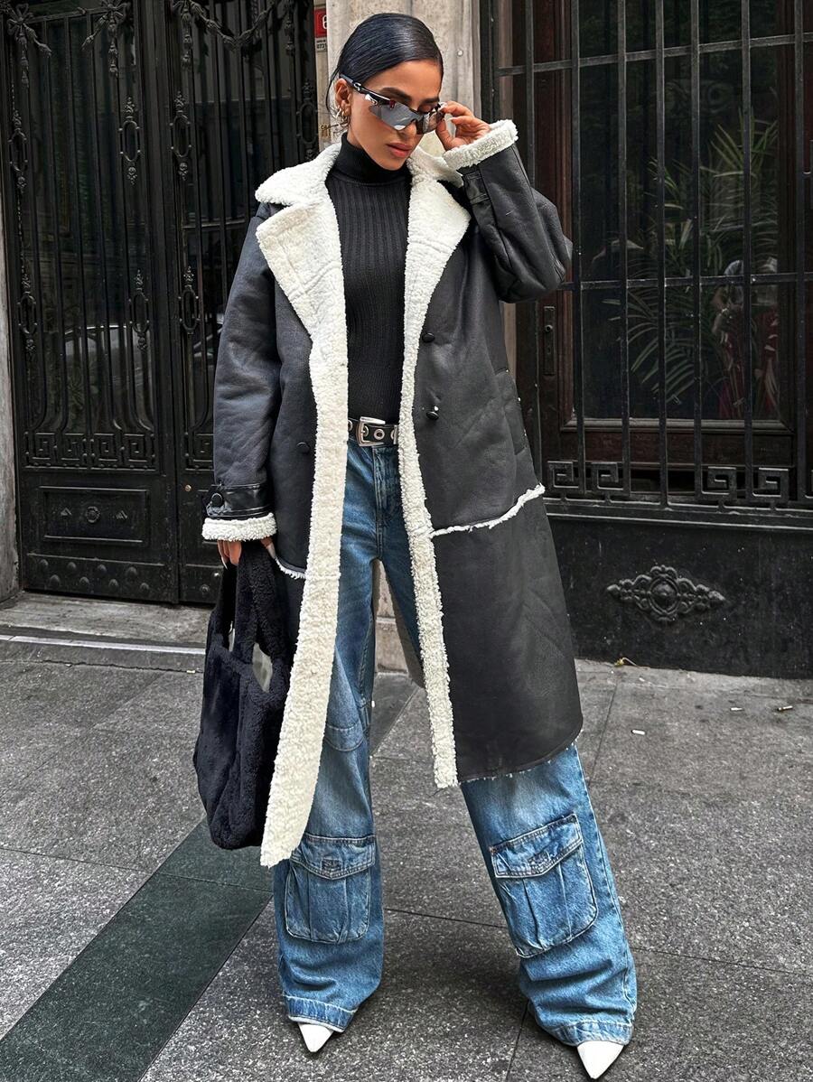 EURMUSE Dual Pocket Teddy Lined Coat - Black - View 1