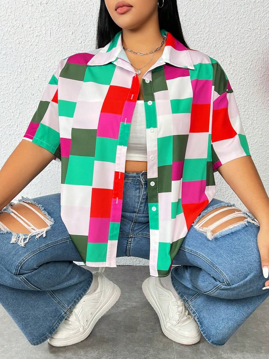 SHEIN LUNE Plus Plaid Print Drop Shoulder Shirt - Multicolor - View 1