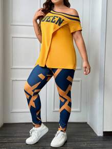 SHEIN LUNE Plus Letter Graphic Asymmetrical Neck Tee & Leggings - Yellow - View 3