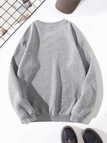 男士卡通和字母圖案加絨內裏運動衫 - 淺灰色 - 查看 2