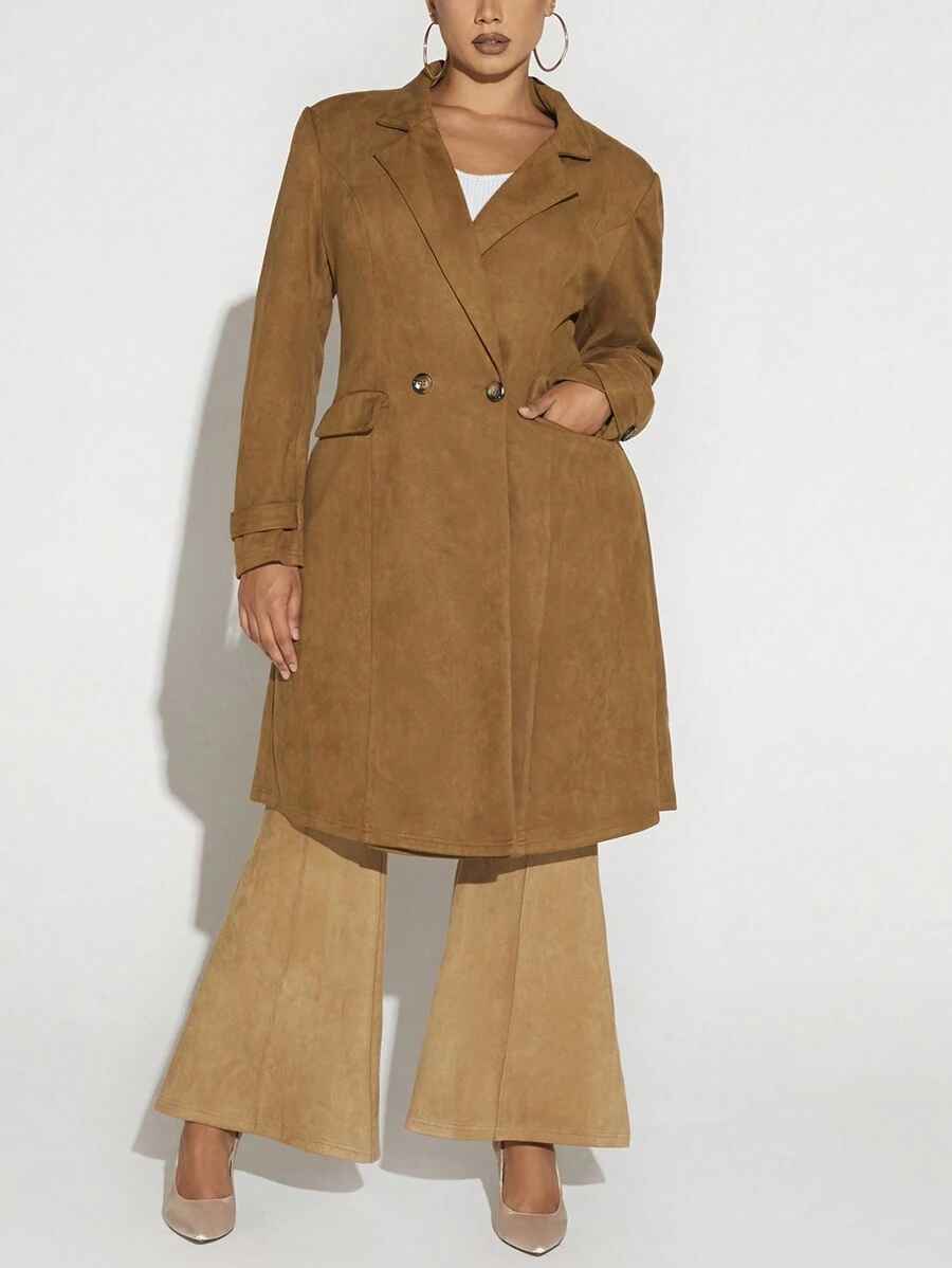 SHEIN SXY Plus Lapel Neck Double Button Placket Coat - Coffee Brown - View 1