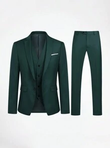 CLOUDSTYLE Men Plus Solid Blazer & Vest Blazer & Pants Suit Set - Dark Green - View 1