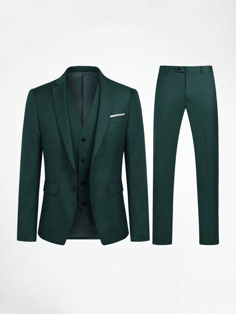 CLOUDSTYLE Men Plus Solid Blazer & Vest Blazer & Pants Suit Set - Dark Green - View 1