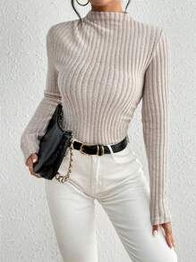 SHEIN Essnce 小高領條紋針織連體衣 - 杏色 - 查看 3