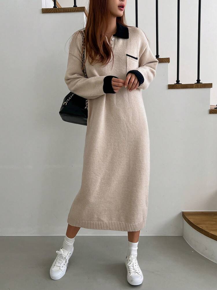 Contrast Collar Drop Shoulder Pocket Patched Sweater Dress