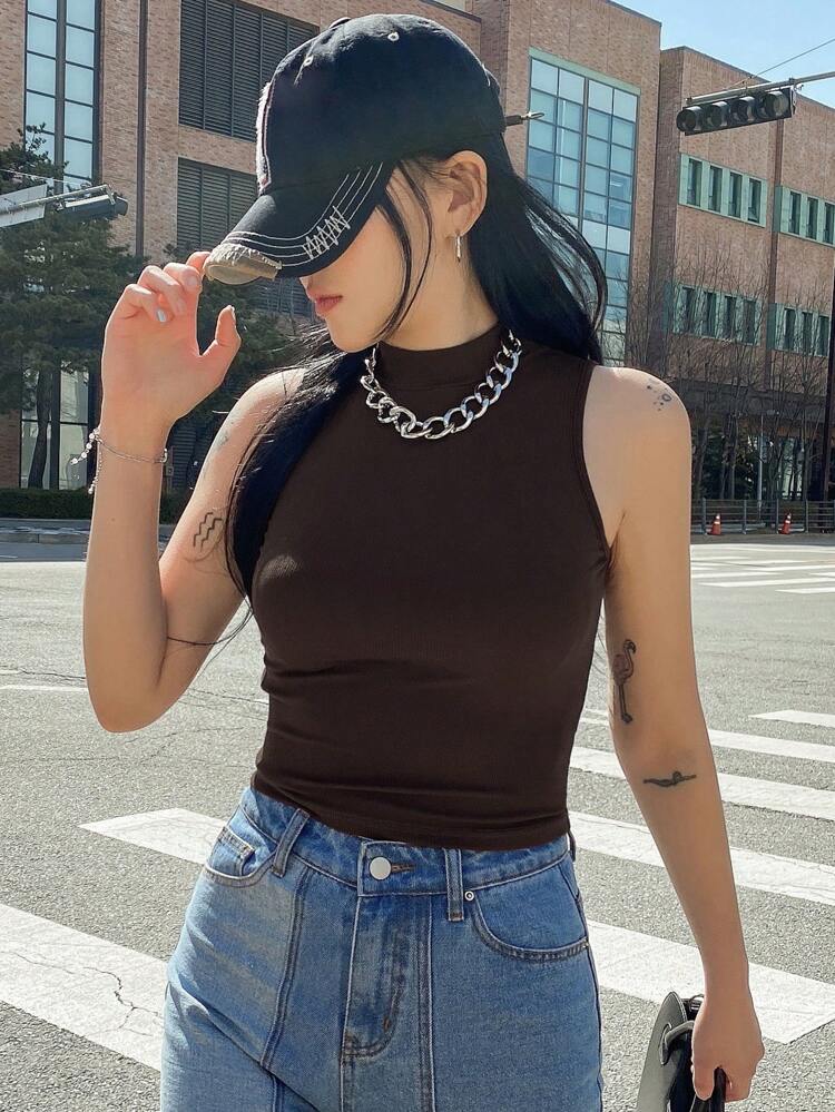 Solid Mock Neck Ribbed Knit Tank Top