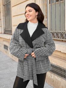 SHEIN Privé Plus Plaid Pattern Lapel Neck Belted Overcoat - Black - View 3