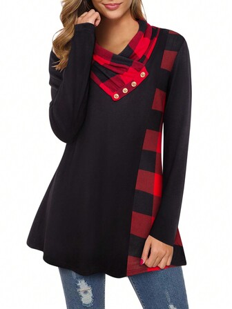 Buffalo Plaid Print Button Detail Tee