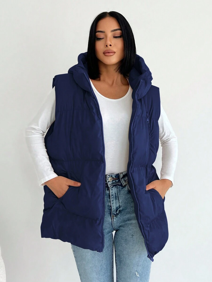 RueChic 拉鏈開襟連帽羽絨背心大衣 - 水鴨藍 - 查看 1