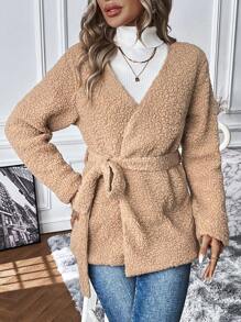 SHEIN LUNE Solid Belted Teddy Coat Fall Cloth For Women - Khaki - View 1