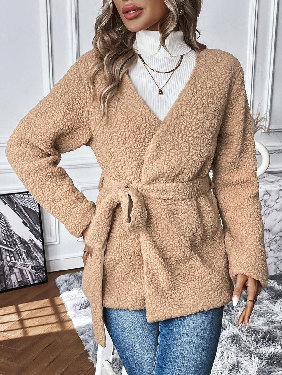 SHEIN LUNE Solid Belted Teddy Coat Fall Cloth For Women - Khaki - View 1