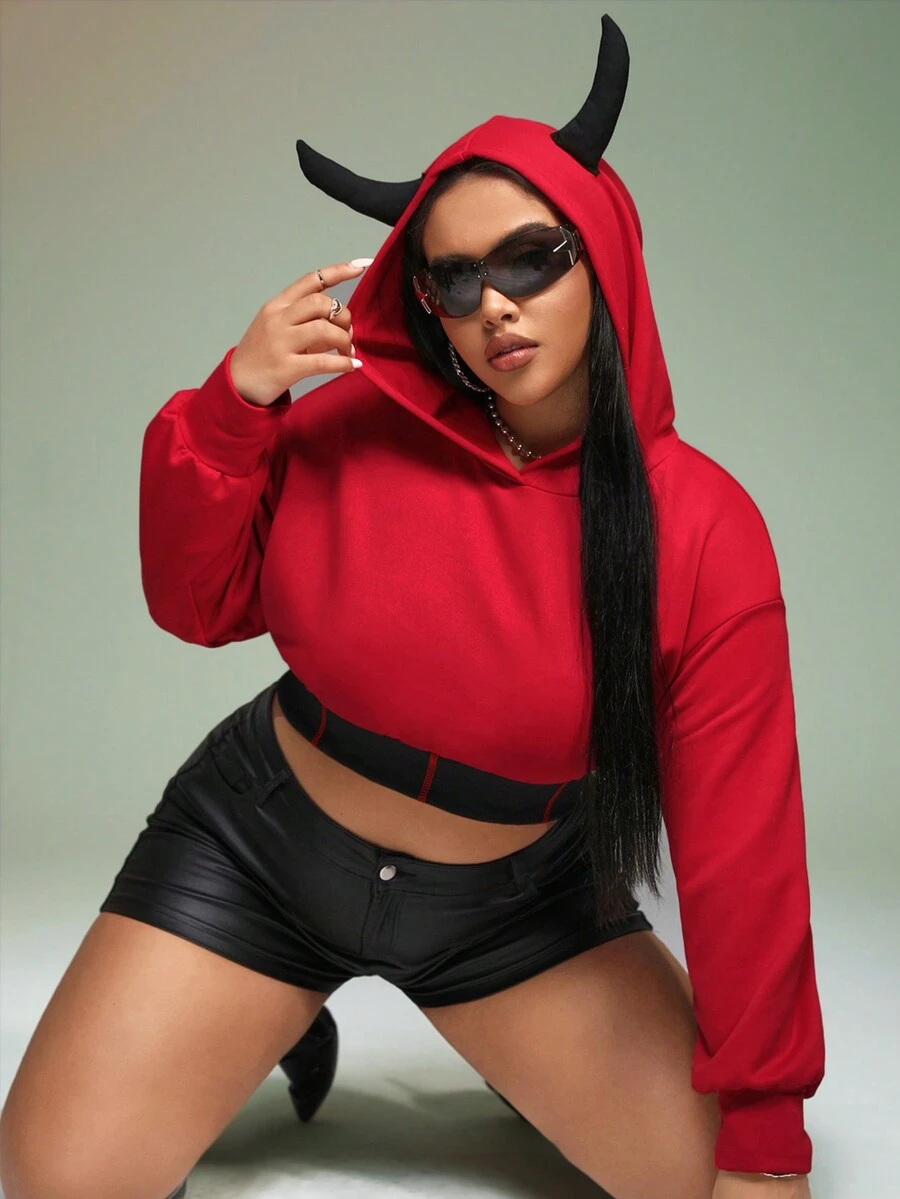 SHEIN ICON Áo sweatshirt crop tay rớt vai cỡ lớn với chi tiết sừng - Đỏ - Xem 1