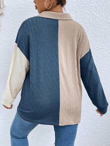 Calvaya 大碼撞色落肩袖口袋貼布襯衫 - 彩色 - 查看 2