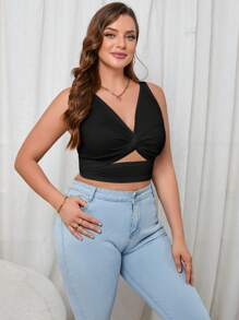 Firerie Plus Twist Front Cut Out Crop Tank Top - Black - View 5