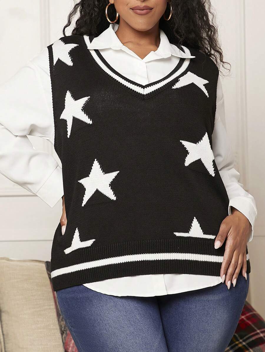 SHEIN CURVE+ 聖誕大碼星星圖案毛衣背心不帶襯衫 - 黑與白 - 查看 1
