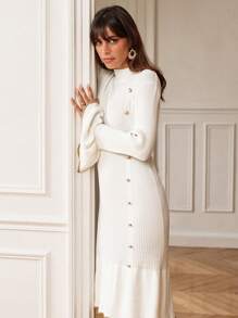 SHEIN Frenchy 小高領荷葉袖紐扣細節荷葉邊毛衣洋裝 - 米色 - 查看 4