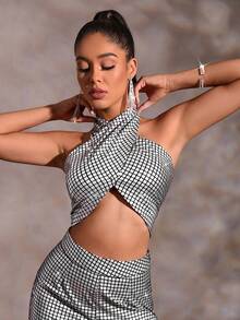 SHEIN BAE 格子印花短款掛脖上衣 - 彩色 - 查看 4