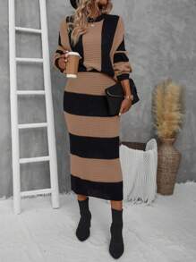 EMERY ROSE 雙色落肩袖毛衣和針織裙 - 卡其色 - 查看 4