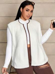 SHEIN EZwear 大碼拼接邊絨毛外套馬甲 - 杏色 - 查看 6