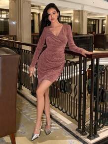 DAZY Surplice Neck Wrap Glitter Bodycon Dress Prom Dress Party Women,Fall Dress Homecoming Dresses Elegant Women Dresses - Pink - View 5