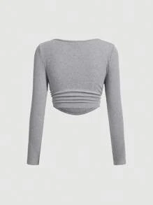 SHEIN MOD Square Neck Ruched Crop Tee - Grey - View 2
