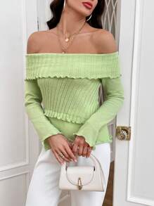 SHEIN Privé Off Shoulder Lettuce Trim Foldover Off Shoulder Lettuce Trim Sweater - Green - View 5