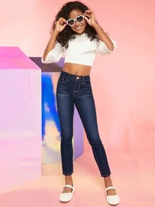 青少年女孩彈性腰牛仔褲 - 深色水洗藍 - 查看 1