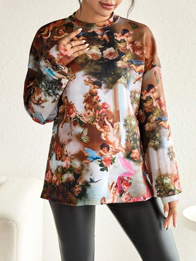 Maternity Figure And Floral Print Drop Shoulder Split Hem Sweatshirt, For Winter