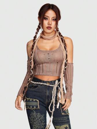 ROMWE Grunge Punk Top tejido de tirantes crop unicolor desgarro con mangas de brazo