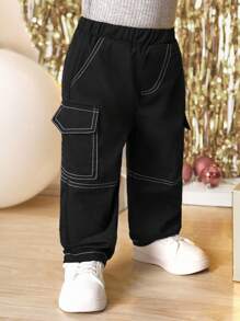 SHEIN Baby Boy Contrast Trim Woven Straight Leg Casual Pants - Black - View 9
