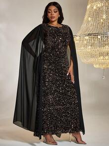 Plus Cloak Sleeve Sequin Dress - Black - View 5