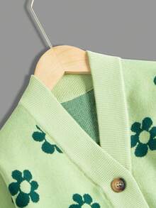 SHEIN Young Girl Floral Pattern Button Front Cardigan - Green - View 6