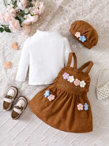 Baby Girl Mock Neck Tee & Floral Embroidery Overall Dress & Hat - Brown - View 3