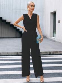 SHEIN Privé cổ áo xếp nếp Tự thắt lưng Không tay Áo liền quần - màu đen - Xem 5