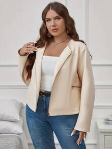 SHEIN Clasi 大碼拉鏈開襟PU皮革夾克 - 米色 - 查看 5