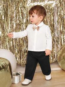 SHEIN Đứa bé trai Ngực đơn Nhung Áo vest & Quần tây & Nơ Áo sơ mi - Nhiều màu - Xem 5