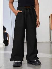 SHEIN Young Girl Letter Patched Detail Split Hem Sweatpants - Black - View 5