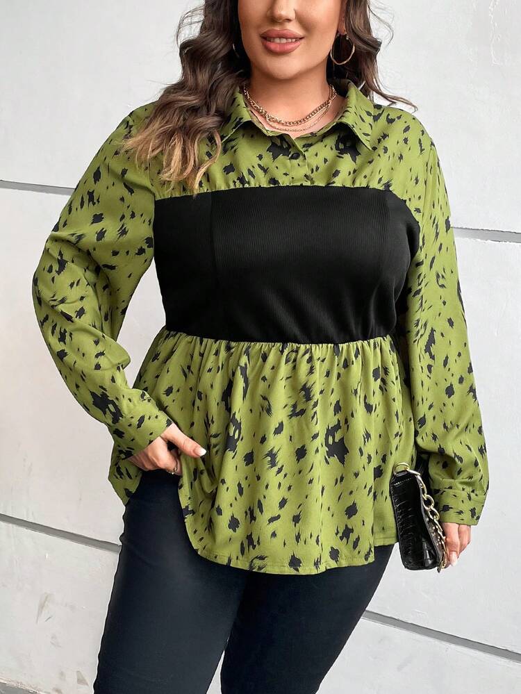 Plus Graphic Print Peplum Top Fall Cloth For Women