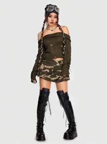 ROMWE Grunge Punk 挖肩折邊前套頭毛衣 - 橄欖綠 - 查看 1