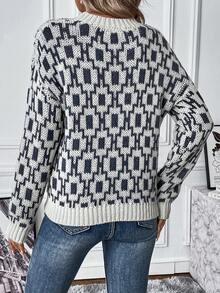 SHEIN LUNE Allover Pattern Drop Shoulder Sweater - Black and White - View 2