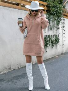 Simplee Kangaroo Pocket Drop Shoulder Drawstring Teddy Hoodie Dress - Pink - View 3