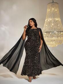 Plus Cloak Sleeve Sequin Dress - Black - View 1