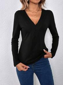 SHEIN LUNE Solid V Neck Tee - Black - View 6