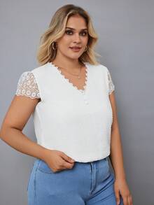 RueChic Plus Swiss Dot Contrast Lace Blouse - White - View 4