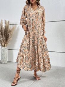 SHEIN VCAY Floral Print Flounce Sleeve Ruffle Hem Smock Dress - Multicolor - View 4