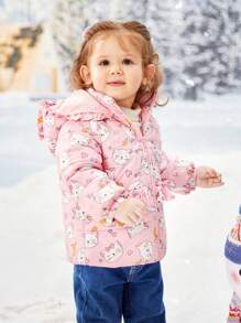 SHEIN Baby Girl Cartoon Graphic Ruffle Trim Hooded Coat - Pink - View 6
