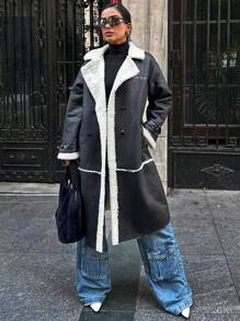 EURMUSE Dual Pocket Teddy Lined Coat - Black - View 5