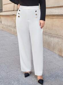 SHEIN Privé Talla grande Pantalones rectos con diseño de botón - Blanco - Ver 5