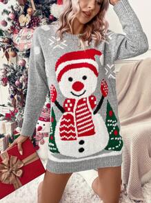 SHEIN LUNE 圣诞雪人图案针织休闲时尚女士毛衣裙，秋冬 - 灰色 - 查看 3